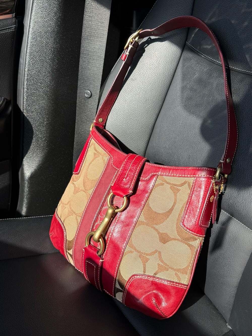 Coach Signature Ergo Pleated Hobo Bag with Red Leather Trim and Brass Clip 11067